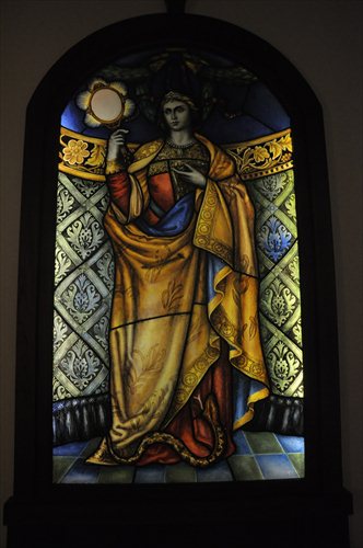 Stained glass panel on display at the T’ou-Se-We Museum